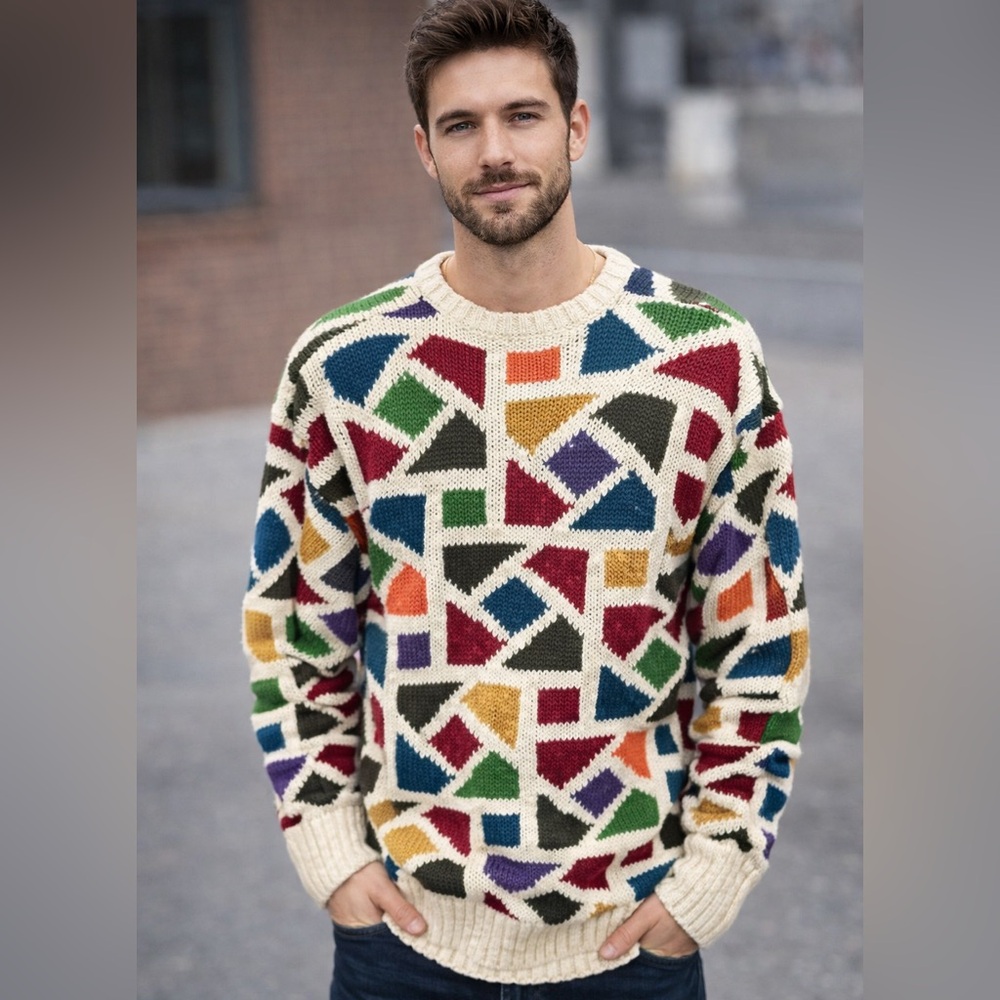 Vintage Boston‎ Traders Artsy Retro Geometric Linen Blend Sweater 💚 Maximalist